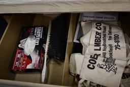 (2) THREE DRAWER METAL STORAGE CABINETS WITH CONTENTS IN DRAWERS, WOOD TOP MAY BE ATTACHED,