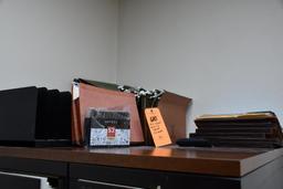 OFFICE SUPPLIES, TOP OF CABINET: FILE HOLDERS, ETC.