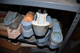 GRAY METAL SHELVING UNIT, INCLUDES CONTENTS ON TOP & UNDERNEATH, MOSTLY MOLDS, 19" X 36" X 75"H