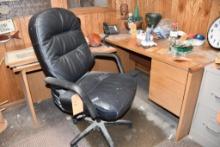 DESK, "L" SHAPED, 5' X 30", 2 DRAWER, 42" X 26" & BLACK CHAIR
