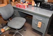 DESK, METAL, 5' X 30", 6 DRAWER & GRAY CHAIR