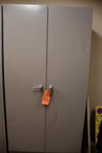 BROWN METAL CABINET W/2 DOORS, INCLUDES CONTENTS: MOSTLY DISPLAY ITEMS, XTRA SHELF, 19" X 36" X 7...