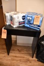 (4) CASES OF EMPTY SAMUEL ADAMS CANS & BLACK TABLE, 15" X 24" X 30"T