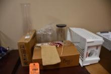 MISC. ITEMS: MONITOR STAND NIB, BOX W/SMALL BURLAP BAGS, SLIDE N STACK, ETC.