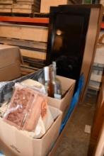 BOX OF ASSORTED DISPLAY ITEMS: BLACK STAND, PLASTIC BOTTLE HALVES, ETC.