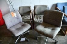 (2) MULTI COLORED FABRIC CHAIRS ON WHEELS & (2) OLIVE COLORED ARM CHAIRS