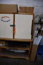 WOODEN CABINET W/ASSORTED DISPLAYS BOX OF CARDBOARD TUBES, 60"H X 45"W X 22"D