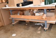 2 TIER WORK TABLE/CART, 3" CASTERS, WOOD SHELVES, METAL FRAME, NO CONTENTS!, 39"H X 96"L X 48"W