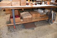 2 TIER WORK TABLE, METAL FRAME, WOOD SHELVES, NO CONTENTS!, 38"H X 96"L X 48"W
