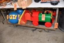 2 TIER WORK TABLE/CART, 6" CASTERS, WOOD SHELVES, METAL FRAME, NO CONTENTS!, 33"H X 78"L X 34"W
