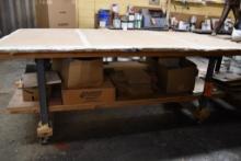 2 TIER TABLE/CART, WOOD SHELVES, METAL FRAME, 3" CASTERS, NO CONTENTS!, 38"H X 96"W X 48"D