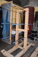 HOME MADE WOOD/METAL PIPE DRYING RACK, 4" CASTERS, 16 SECTIONS OF PIPE, 72"H X 58"L X 34"W