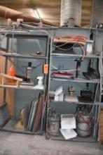 (2) METAL SHELVING UNITS WITH PAINT, POTS & MISC.
