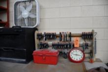 CONTENTS ON TOP SHELF OF BENCH: TOOLBOX, WALL CLOCK, HAND CLAMPS, HOME MADE ORGANIZER, FAN,