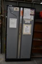 2 DOOR GRAY 4 SHELF METAL CABINET W/CONTENTS: TAPE, CAULK GUNS, PLASTIC, WIRE & MISC.,
