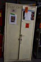 2 DOOR YELLOW 5 SHELF METAL CABINET W/CONTENTS: BRUSHES, ROLLERS, PAINT & MISC.,
