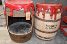(2) MAKERS MARK DISPLAY BARRELS: 1-ACTUAL OAK BARREL W/CUT OUT, 1-URETHANE SPLIT BARREL, BOTH W/WAX