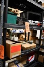 5 SHELF PLASTIC SHELVING UNIT W/CONTENTS: HOT PLATES, COOLER, CAULK, MISC., 70"H X 36"W X 18"D