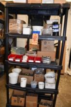 5 SHELF PLASTIC SHELVING UNIT W/CONTENTS: NUTS, BOLTS, SCHEWS, TAP HANDLE, MISC., 70"H X 36"W X 1...