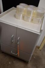 2 DOOR, 1 DRAWER WOODEN CABINET W/CONTENTS: ASSORTED TAPE & DECALS, 32"H X 22"W X 20"D
