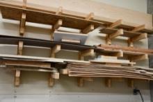 (2) WOODEN WALL-MOUNT RACKS WITH CONTENTS; VENEER AND MISC. STOCK & STOCK IN CORNER