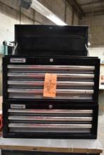 TWO PIECE PERFORMAX BLACK TOOL BOX, 7 DRAWERS/BIN WITH CONTENTS;