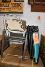 (2) TEAL & BLACK CHAISE LOUNGE CHAIRS, 2-FOLDING CANVAS LAWN CHAIRS, 2-TAN LAWN CHAIRS