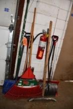 ASSORTED YARD TOOLS: RAKES, SNOW SHOVELS, POLE PRUNER, HEDGE TRIMMER, MISC., NOT FIRE EXTINGUISHER!
