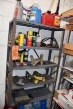 6 SHELF METAL CABINET W/CONTENTS: OIL, WINDSHIELF FLUID, JUMPER CABLES, SOCKET SET, TIRE IRON &