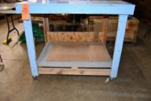 SHOP MADE WOODEN TWO TIER TABLE ON CASTERS, NO CONTENTS