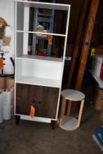 (3) PIECES OF PARTICLE CABINETS & STAND, 2 DOOR CABINET 39" X 24" X 12", 2 SHELF CABINET 25" X 24...
