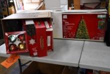 6-1/2' FESTIVE PINE LED PRE-LIT XMAS TREE, 250 LIGHTS & BOX OF XMAS ORNAMENTS