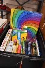 ASSORTED BOOK, MOSTLY CHILDRENS, CRAYONS, ART KIT, MISC.