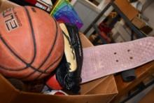 BOX W/SPORTS EQUIPMENT: FOOTBALL, SOCCER BALL, BASKETBALL, SKATE BOARD, MISC.