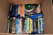 BOX OF ASSORTED DVD'S, BLUE-RAY, 50+: DISNEY, STARWARS, BAND OF BROTHERS, MISC.