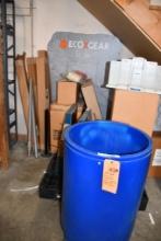 BLUE COOLER BARREL ON CASTERS & MISC. DISPLAY MATERIALS UNDER STAIRS