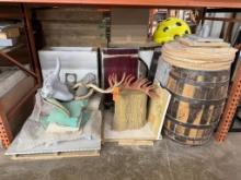 THIS SECTION ON FLOOR OF PALLET RACK: ASSORTED MOLDS, BARRELS, STUMPS, ANTLERS, CATTLE, MISC.