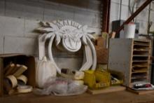 MALIBU SIGNS, PUMPKIN, SANDPAPER & MISC. ON SHELF