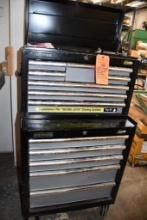 TWO PIECE PERFORMAX BLACK TOOL BOX, 13 DRAWERS/BIN WITH CONTENTS; 49"H x 27"W x 18"D