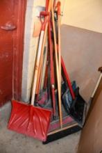ASSORTED BROOMS, SHOVELS, MISC.