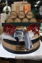 MAKERS MARK BARREL TOP/DELIVERY WAGON W/STAND DISPLAY, IN BOX, APPROX. 60"-65"H, PIC IS