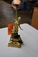 SCHLITZ STATVETTE LAMP, LADY HOLDING UP GLOBE, UNIVERSAL PLUG (EUROPEAN?), 17"H