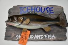 MILLER ICE HOUSE "SHUT UP & FISH" URETHANE MOUNTED LARGE MOUTH BASS WALL SIGN, 22"W X 18"H