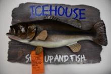 MILLER ICE HOUSE "SHUT UP & FISH" URETHANE MOUNTED LARGE MOUTH BASS WALL SIGN, 22"W X 18"H