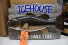 MILLER ICE HOUSE "SHUT UP & FISH" URETHANE MOUNTED LARGE MOUTH BASS WALL SIGN, 22"W X 18"H