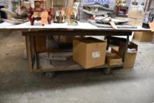 2 TIER WORK TABLE, 6" CASTERS, METAL/WOOD TOP, NO CONTENTS, 37"H X 96"W X 50"D
