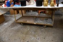 2 TIER WORK TABLE, 6" CASTERS, METAL/WOOD TOP, NO CONTENTS, 37"H X 96"W X 50"D