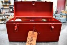 RED METAL TWO COMPARTMENT TOOL BOX WITH CONTENTS; MINIMAL TOOLS, 10"H x 20"W x 9"D