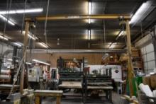ROLLING GANTRY CRANE W/2 CHAIN FALLS ON TROLLEYS, 1 TON CAPACITY, WHEELS REMOVED BUT INCLUDED,