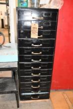 12 DRAWER BLACK METAL CABINET/ORGANIZER W/CONTENTS: MOSTLY RECLAIMED HARDWARE, 52"H X 18"W X 28"D